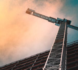 A construction site at sunset.